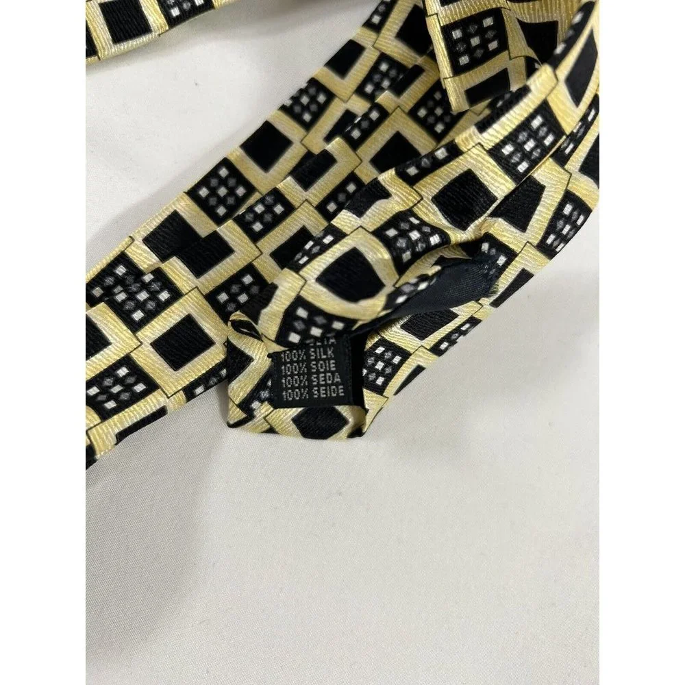 Emilio Romano Yellow Black Geometric Handmade Silk Made In Italy Wide Tie 55x4